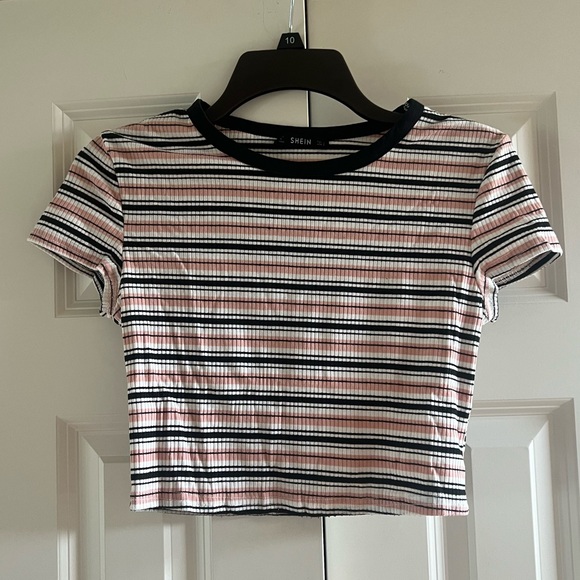 SHEIN Women’s Pink, Black & White Striped Rib Knit Cropped Tee Size Small - Picture 2 of 5